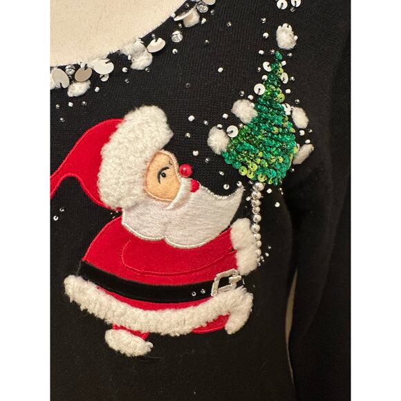 Berek Scoop Neck Beaded Sequin Embroidered Jolly Santa Christmas Sweater Sz Med - Picture 3 of 8